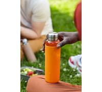 BLACK+BLUM - Glass Water Bottle - Leak Proof, Lightweight Borosilicate Glass Bottle with Screw-Fit Lid, Carry Loop and Protective Sleeve - Freezer Safe, Orange - 600ml
