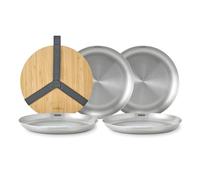 Black+Blum Picnic Plate Set of 4 - Stainless Steel Plates with a Bamboo Chopping Board Lid and Carry Strap