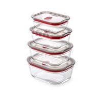 BLACK + BLUM Stack + Nest Glass Food Storage Container Set | Mix Set 4 Pack | Meal Prep Boxes with Airtight & Leak-Proof Lids. Borosilicate Glass, Oven, Air-Fryer, Microwave, Freezer & Dishwasher Safe