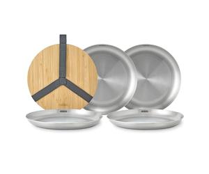 Black+Blum Stainless Steel Picnic 4 Plate Set + Bamboo Lid Chopping Board