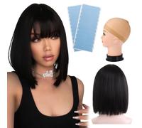 Black Bob Wig,Straight Flat Bangs Short Black Wig with Fringe,Wigs for Women with Hair Net + Tape,Heat Resistant Synthetic Hair Wigs Hairpieces for Women Cosplay Party Fancy Dress Daily Use