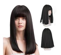 Black Bob Wig with Fringe,21 Inch Long Black Straight Bob Flat Bangs Wigs for Women,Heat Resistant Synthetic Hair Wigs Hairpieces for Ladies Cosplay Party Fancy Dress Daily Use