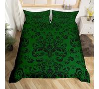 Black Boho Damask Comforter Cover Double Black Green Floral Gothic Bedding Set Bohemian Exotic Goth Duvet Cover For Kids Teen Adults Vintage Victorian Flower Bed Set Zipper