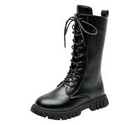 Black Boots Girls, Girls Knee-High Boots with Side Zippers Fashion Mid-Calf Cowgirl-Boots Casual Soft Faux Leather Lace-Up Side Zipper Soft and Comfort School Shoes for Kids Black 2