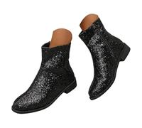 Black Boots Women Women's Sequin Glitter Chunky Heels Sparkly Booties Block Heeled Short Wedding Round Toe Shiny Boot with Side Zipper Bridal Party Prom Dress Shoes Low Hee