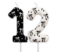 Black Bow Birthday Candles for Girls, 12th Black White Bow Cake Toppers Candle for Coquette Birthday Party Decorations Supplies, Number 12