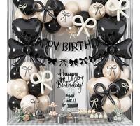 Black Bow Birthday Party Decorations, Coquette Bow Black Sand White Beige Balloons with Bows Decor Happy Birthday Banner Fringe Curtain for Women Girls Bows Theme Bachelorette Baby Shower Party