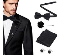 Black Bow Tie Set for Men,Pre-Tied Adjustable Bowtie with Matching Pocket Square, Cufflinks, and Brooch,Classic Black Bows for Weddings & Parties