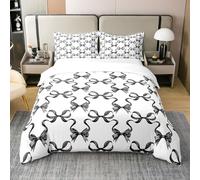 Black Bowknot 100% Nature Cotton Duvet Cover King Size 3 Pcs,Princess Style Watercolor Bow-tie Bedding Set,Fairy Tale Bow Ribbon Stripes White Comforter Cover for Teens Boys(No Comforter)
