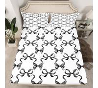 Black Bowknot Bed Sheet Double Size,Princess Style Watercolor Bow-tie Fitted Sheet for Adults Bedroom Decor,Fairy Tale Bow Ribbon Stripes Black White Bed Cover 3pcs,2 Pillowcases,No Top Sheet