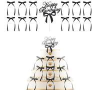 Black Bows for Cake, Black Bows, 13-pcs Blacks Butterfly Cake Decorations Set, 12 Large 8x15 cm Bows, Cupcake Picks, Perfect for Girl Birthday Wedding Party Cake Topper