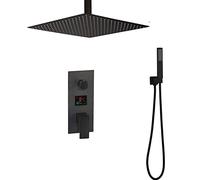 Black Brass Shower Column with Digital Display 12-inch 3-Function Shower Set Bathroom Faucet Mixer Rainfall & Handheld Showerhead Combo