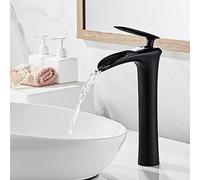 Black Brass Waterfall Faucet for Countertop Basin - 1 Hole Tall Tap, Modern Bathroom Sink Mixer, Slish and Water T for Home Decor