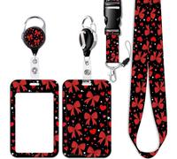 Black Breakaway Retractable ID Badge Holder Lanyard with Card Holder Heavy Duty Badge Reel Cute Red Bow Heart Neck Lanyard for Keys ID Badge for Women Girls Teachers Kids Preppy School ID Holder