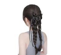 Black Brown Double Braided Ponytail Extension Bow Claw Clip Ponytail Hair Extensions for Women Synthetic Pony Tails Hairpiece for Daily Use