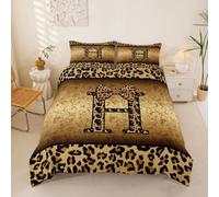 Black Brown Leopard Print Initial Letter H Double Duvet Cover Preppy Y2K Aesthetic Coquette Bedding Set for Kids Teens Adults Victorian Damask Quilt Cover Glam Feminine Vintage Floral Bed Sets