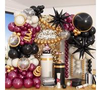 Black Burgundy Gold Balloon Arch Kit, Maroon Black Gold Balloons Garland, Clear White Red Metallic Balloons with Stars Balloon for Birthday Retirement Graduation Celebrations Class of 2025 Party Decor