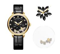BLACK BY BLUE BRAVE Water Lily White Dial Watch for Women, Double Sapphire Glass with Leather Strap, Black, 34MM, Simplicity and texture