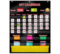 Black Calendar and Weather Pocket Chart with 148 Cards,(108 Illustrated Activity Cards, 40 Dry Erasable Flash Cards and 3 Hooks 28"x35.5")