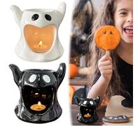 Black Candle Holders,Fluted Candle Holder Ribbed,Creative Halloween Ceramic Ghost Candle Holders Heat Resistant Halloween Decorative Holder Burner Porcelain Ornament Whimsical Haunted Stand (White)