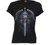 Black Cap Sleeve Boatneck Top - ANGEL SWORD, Black, Large