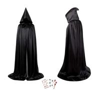 Black Cape, Black Cloak with Hood,Velvet Hooded for Halloween Costume Adults & Kids,with Bonus Scary Tattoo Stickers (XL)