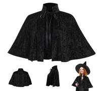 Black Cape for Women, Gothic Lolita Medieval Shawl Cloak with Tie Strap, Halloween Soft Short Medieval Cowl Black Cloak for Pagan Cosplay
