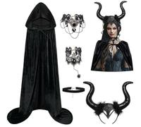 Black Cape with Hood, Queen Evil Halloween Costumes for Women Cosplay Accessories, Velvet Cloak with Black Devil Horn Headband, Retro Lace Necklace Bracelet for Women Masquerade Dress Up Carnival