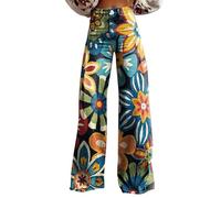 Black Capris for Women Women's Vintage Flower Print Casual Wide Leg Pants Jeans for Women Trendy (Blue, XL)