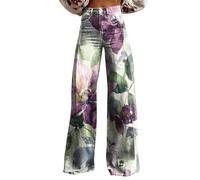 Black Capris for Women Women's Vintage Flower Print Casual Wide Leg Pants Jeans for Women Trendy (Purple, XL)