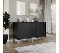 ( Black Carcass + Black Doors , Beech legs) 3-Door Sliding Cabinet Sideboard Storage Organiser Home Cupboard on Wooden Legs