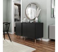 ( Black Carcass + Black Doors , Pine legs) 3-Door Sliding Cabinet Sideboard Storage Organiser Home Cupboard on Wooden Legs
