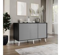 Urbn-Living Urbnliving 3-Door Sliding Cabinet Sideboard Black Carcass With Grey Doors Storage Organiser Home Cupboard White Wooden Legs