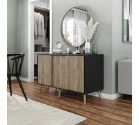 ( Black Carcass + Oak Doors , Beech legs) 3-Door Sliding Cabinet Sideboard Storage Organiser Home Cupboard on Wooden Legs