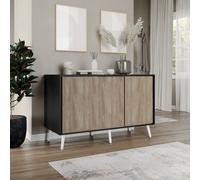 ( Black Carcass + Oak Doors , White legs) 3-Door Sliding Cabinet Sideboard Storage Organiser Home Cupboard on Wooden Legs