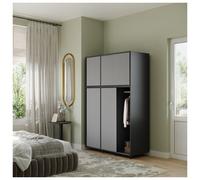 (Black Carcass with Grey Doors) 6 Sliding Doors Wardrobe Bedroom Storage Closet Clothes Hanging Rail Cupboard