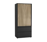 (Black Carcass with Oak Doors) 2 Sliding Doors Wardrobe 2 Drawer Clothes Cupboard