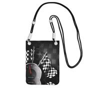 Black Carry Crossbody Purse – Checkered Flag Racing Print Mobile Phone Bag, Perfect for Commuting, Shopping, and Outdoor Activities, Black, One Size