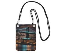 Black Carry Mobile Phone Bag â€“ New York Manhattan Bridge Night Print Crossbody Purse, Ideal for Outdoor Activities, Commuting, and Shopping