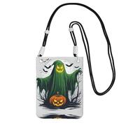 Black Carry Mobile Phone Bag - Green Ghost Horror Halloween Pumpkin Print Crossbody Purse,Universal Strap, Ideal for Commuting, Shopping