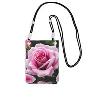 Black Carry Mobile Phone Bag - Pink Rose Blossom Print Crossbody Purse, Ideal for Outdoor Activities, Commuting, and Shopping