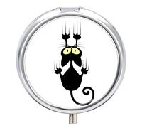 Black Cartoon Cat Scratching The Wall on White Iron Pill Box Case Organizer with Internal Separate Plastic Dividers, Travel Small Medicine Bag Holder Carrier Round Container