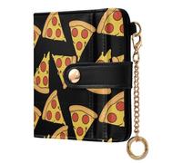 Black Cartoon Pizza Pattern Small Women Wallet RFID Blocking Leather Bifold Compact Card Holder with Zipper Coin Pocket Purse for Girls Women Ladies