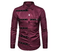 Black Casual Button Up Shirt Men Long Sleve Goth Rock Shirt Casual Punk Steampunk Blouse Tops Party Costume wine red XL