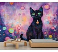 Black Cat 3D Wallpaper, Magic Cat Wall Mural, Fantasy Animals Murals for Living Room Bedroom Office Hotel Bar Ceiling Decor - 300x210cm