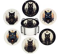 Black Cat 6 Pack Ceramic Drink Coasters,Quick-Absorb Stone Coasters with Anti-Slip Cork Backing & Metal Holder, Table Protectors for Kitchen Bar