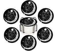 Black Cat 6Pack Ceramic Drink Coasters,Quick-Absorb Stone Coasters with Anti-Slip Cork Backing & Metal Holder, Table Protectors for Kitchen Bar
