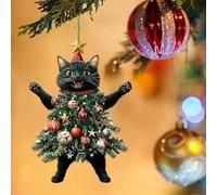 Black Cat Acrylic Christmas Ornament, Black Cat Tree Hanging Xmas Decor, Adorable Cat Dressed as a Christmas Tree, Cat Acrylic Hanging Decoration, 2024 Funny Cat Gifts for Cat Lovers (Black)