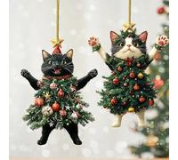 Black Cat Acrylic Christmas Ornament, Black Cat Tree Hanging Xmas Decor, Adorable Cat Dressed as a Christmas Tree, Cat Acrylic Hanging Decoration, 2024 Funny Cat Gifts for Cat Lovers (Black + White)