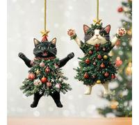 Black Cat Acrylic Christmas Ornament, Black Cat Tree Hanging Xmas Decor, Adorable Cat Dressed as a Christmas Tree, Black of Friday 2D Cat Acrylic Hanging Decoration, Funny Cat Gifts for Cat Lovers